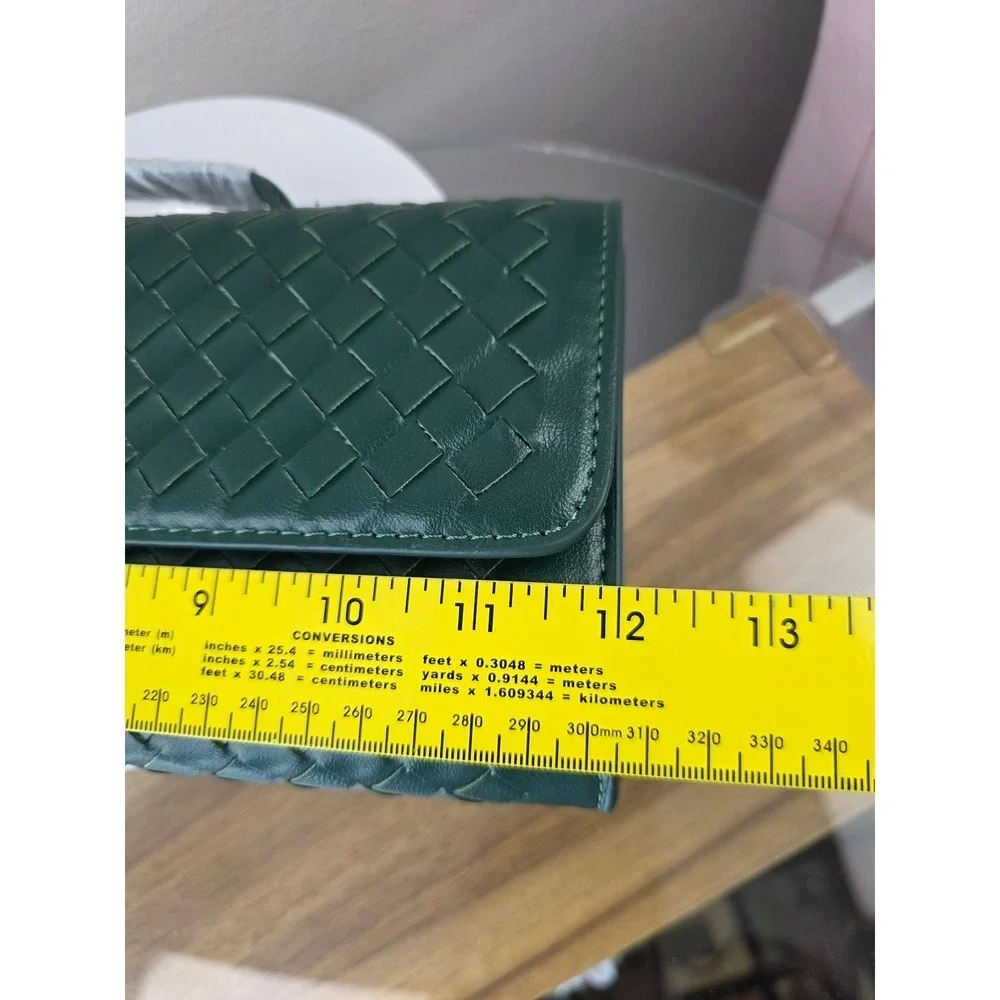 Woven Forest Green Vegan Leather Crossbody Clutch Bag with Knot Lock New